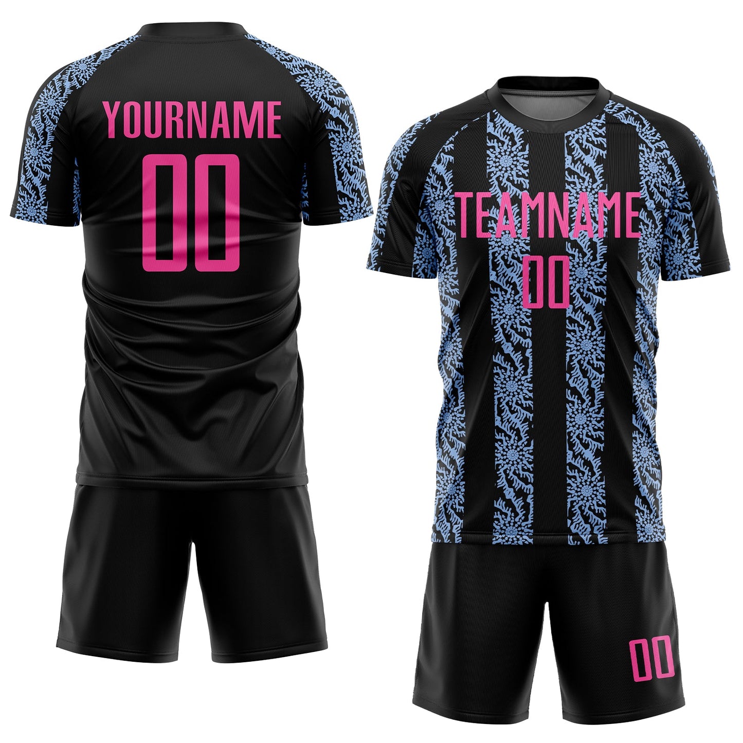 Custom Black Pink-Light Blue Abstract Shape Sublimation Soccer Uniform Jersey view 2