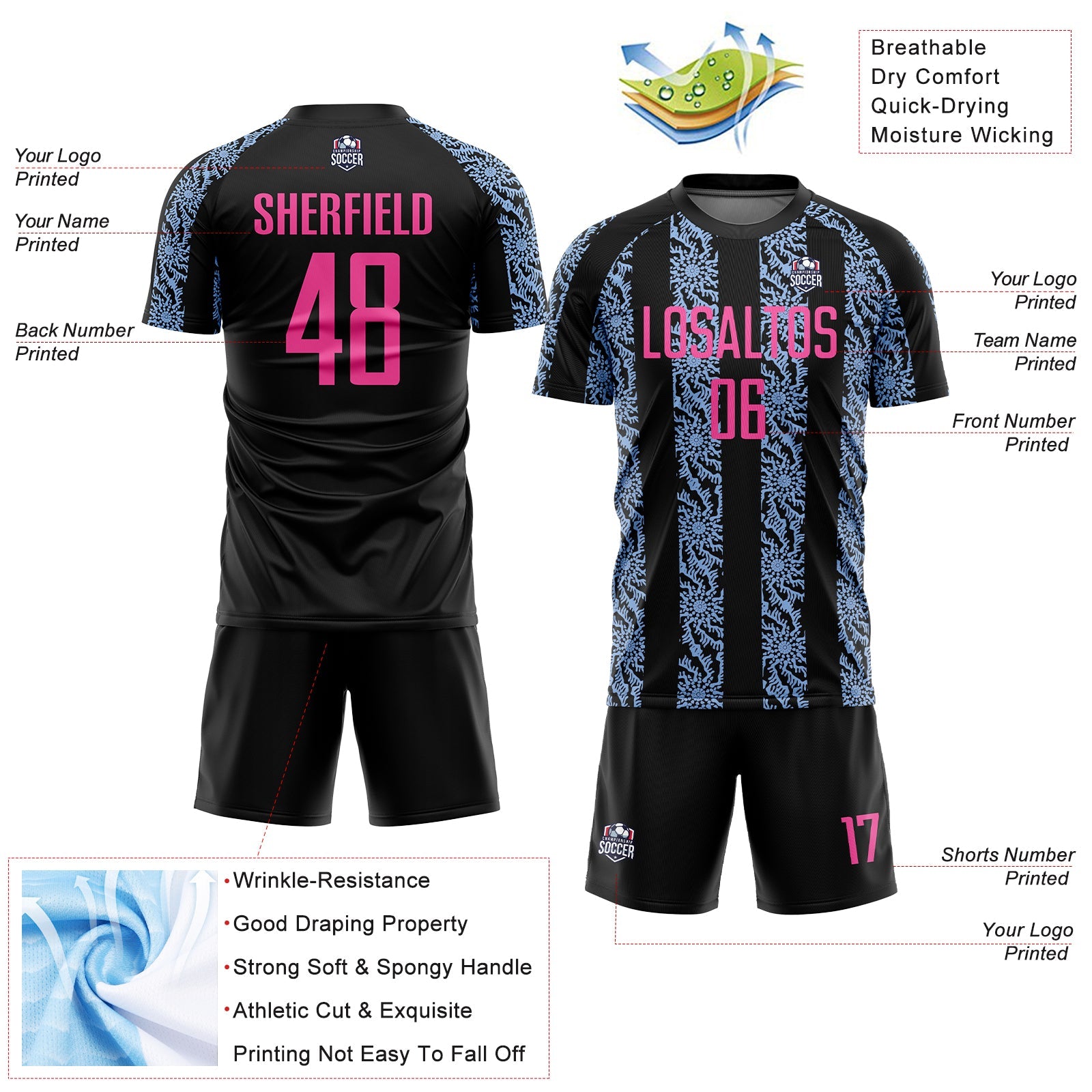 Custom Black Pink-Light Blue Abstract Shape Sublimation Soccer Uniform Jersey view 4