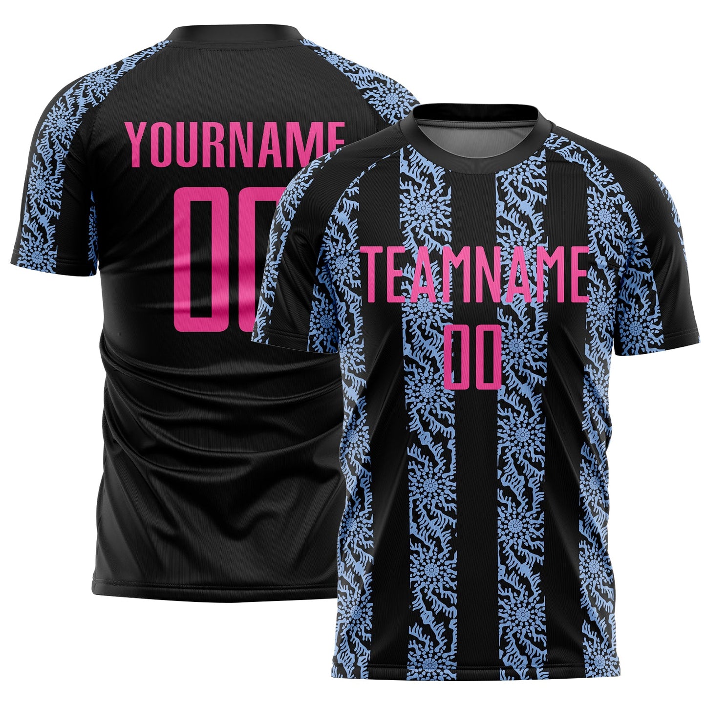 Custom Black Pink-Light Blue Abstract Shape Sublimation Soccer Uniform Jersey - Main View