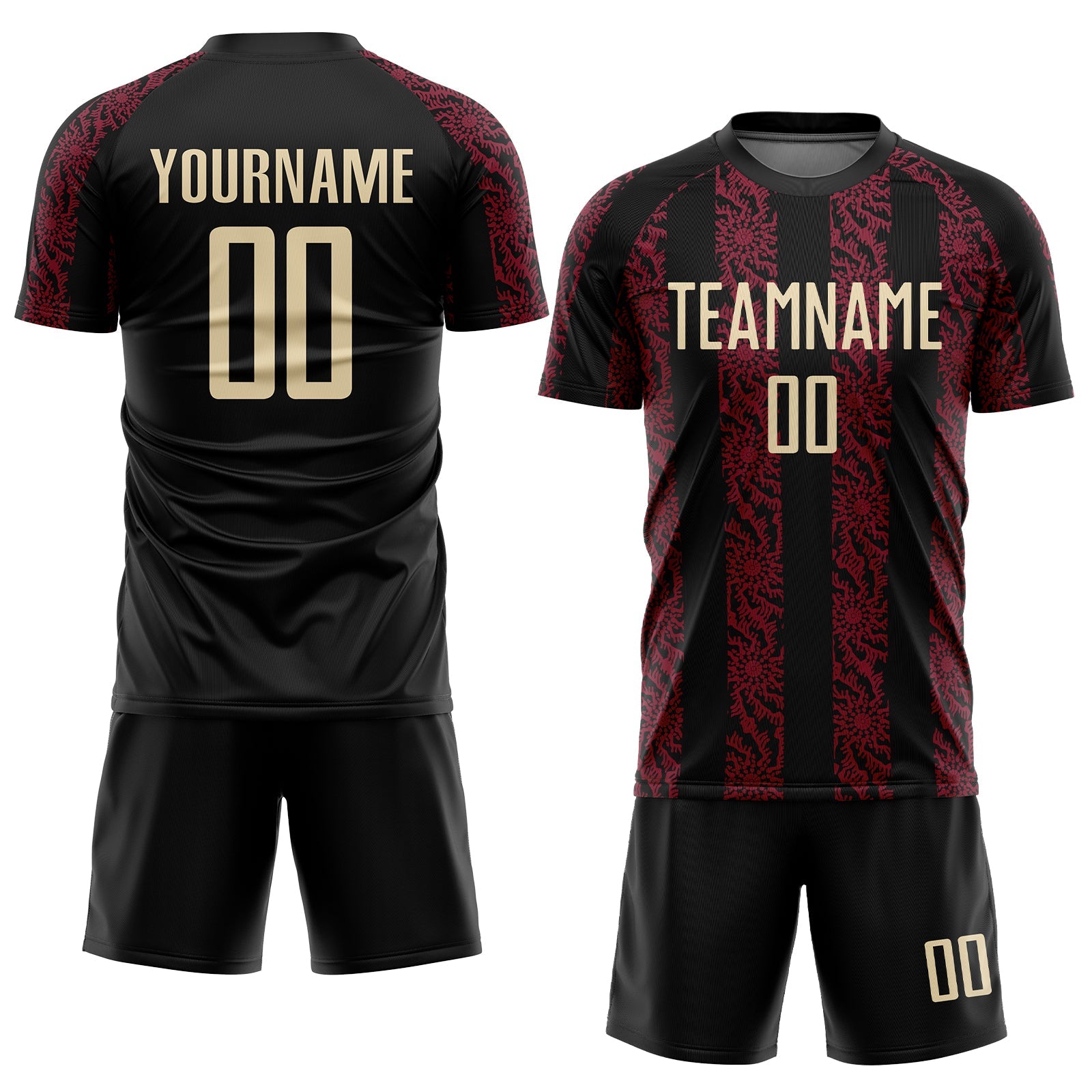 Custom Black Cream-Crimson Abstract Shape Sublimation Soccer Uniform Jersey view 2