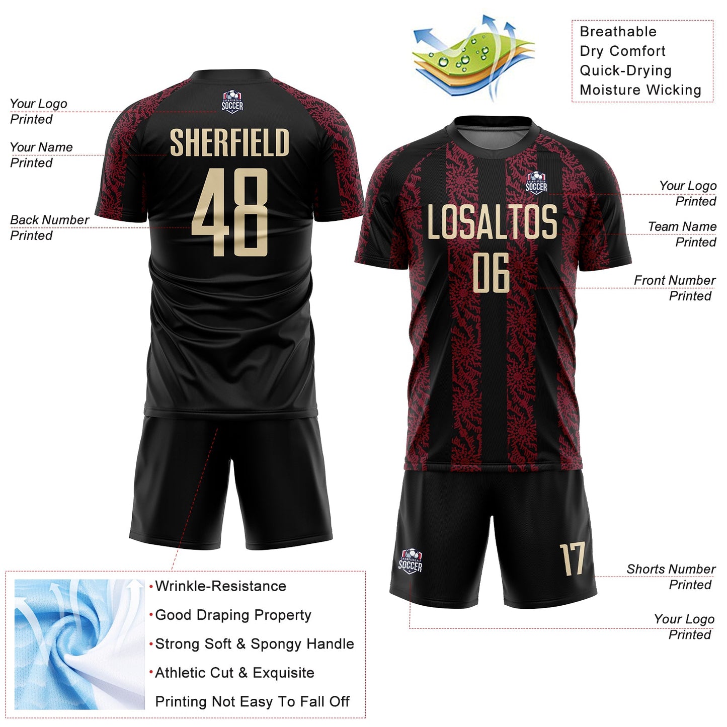 Custom Black Cream-Crimson Abstract Shape Sublimation Soccer Uniform Jersey view 4