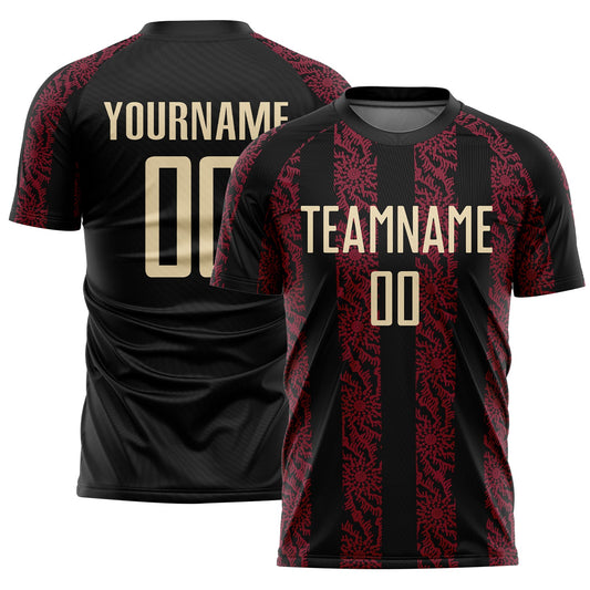 Custom Black Cream-Crimson Abstract Shape Sublimation Soccer Uniform Jersey - Main View