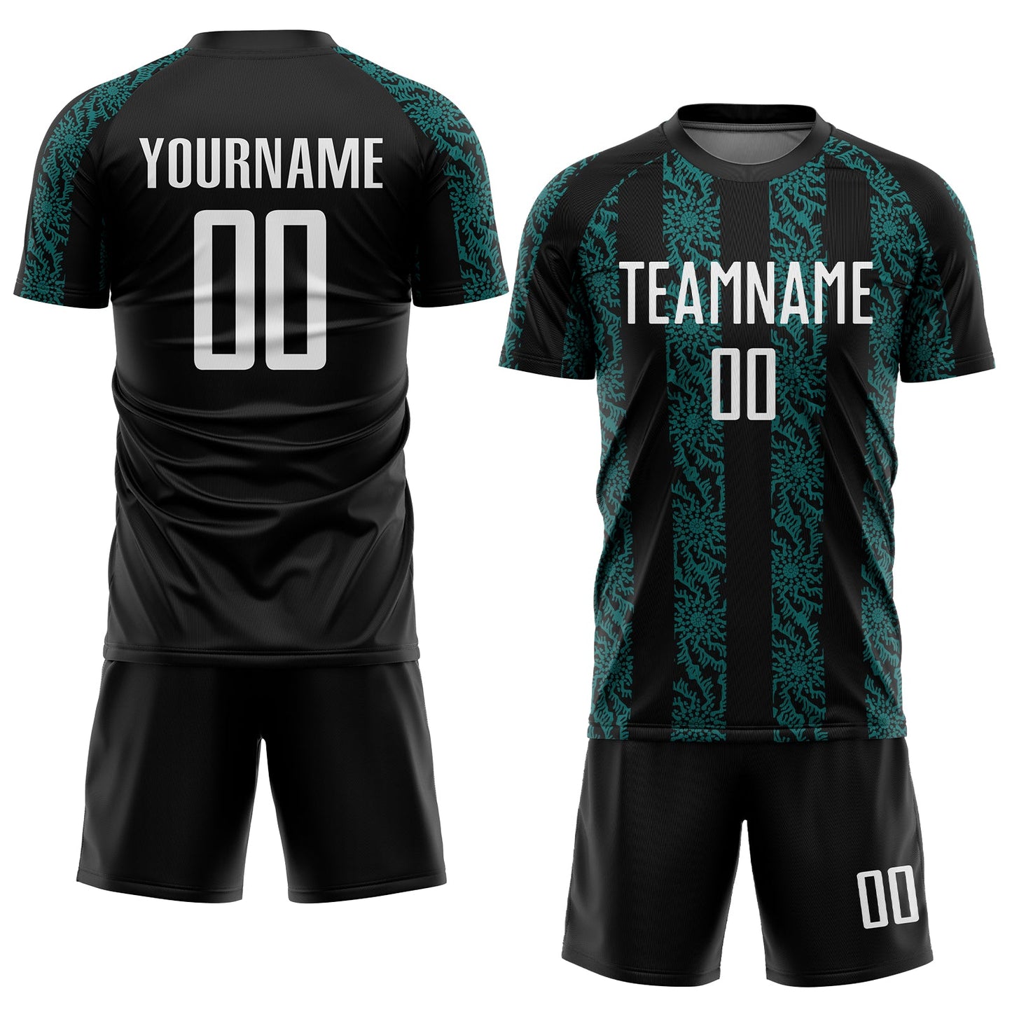 Custom Black White-Teal Abstract Shape Sublimation Soccer Uniform Jersey view 2