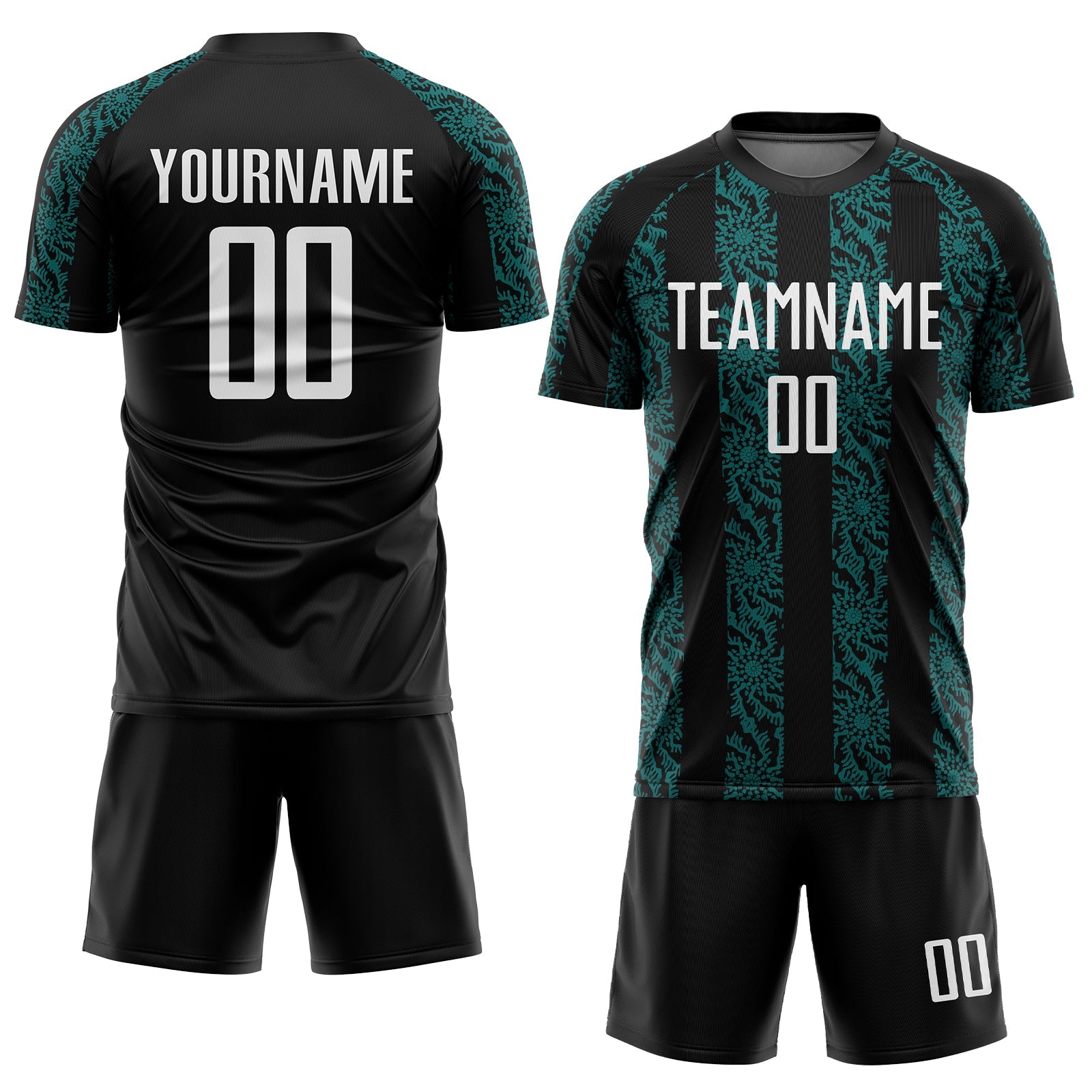 Custom Black White-Teal Abstract Shape Sublimation Soccer Uniform Jersey view 2