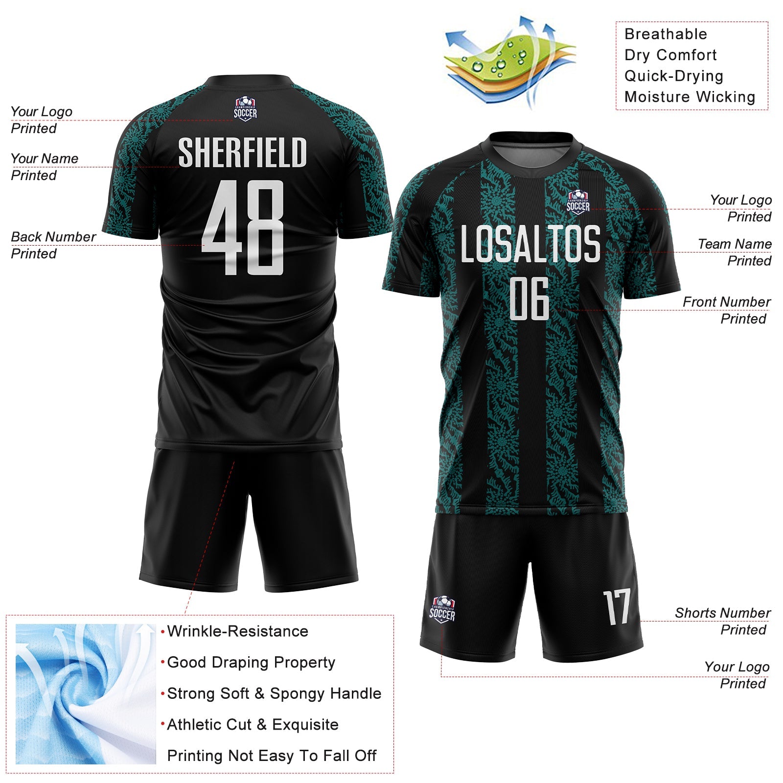 Custom Black White-Teal Abstract Shape Sublimation Soccer Uniform Jersey view 4