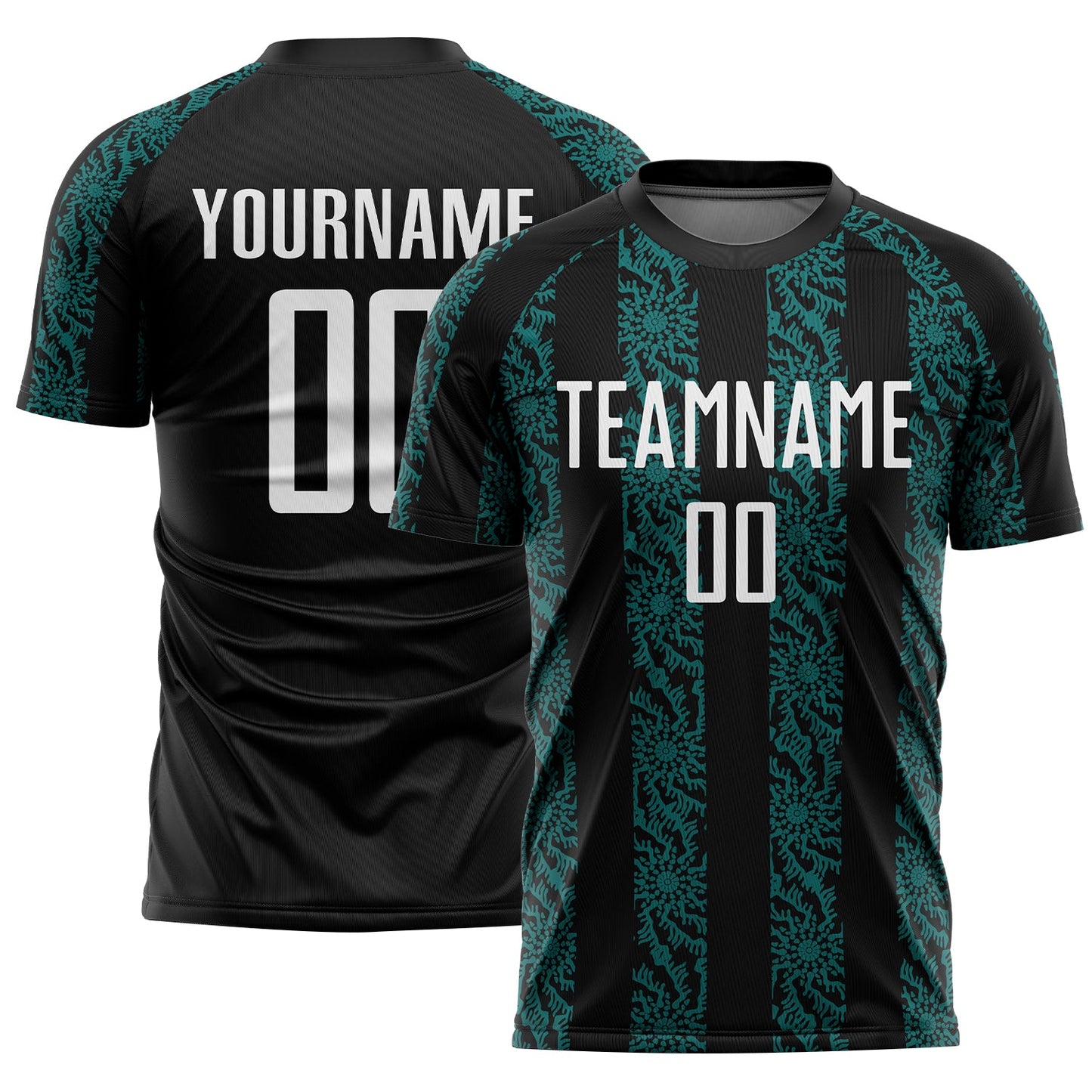 Custom Black White-Teal Abstract Shape Sublimation Soccer Uniform Jersey - Main View