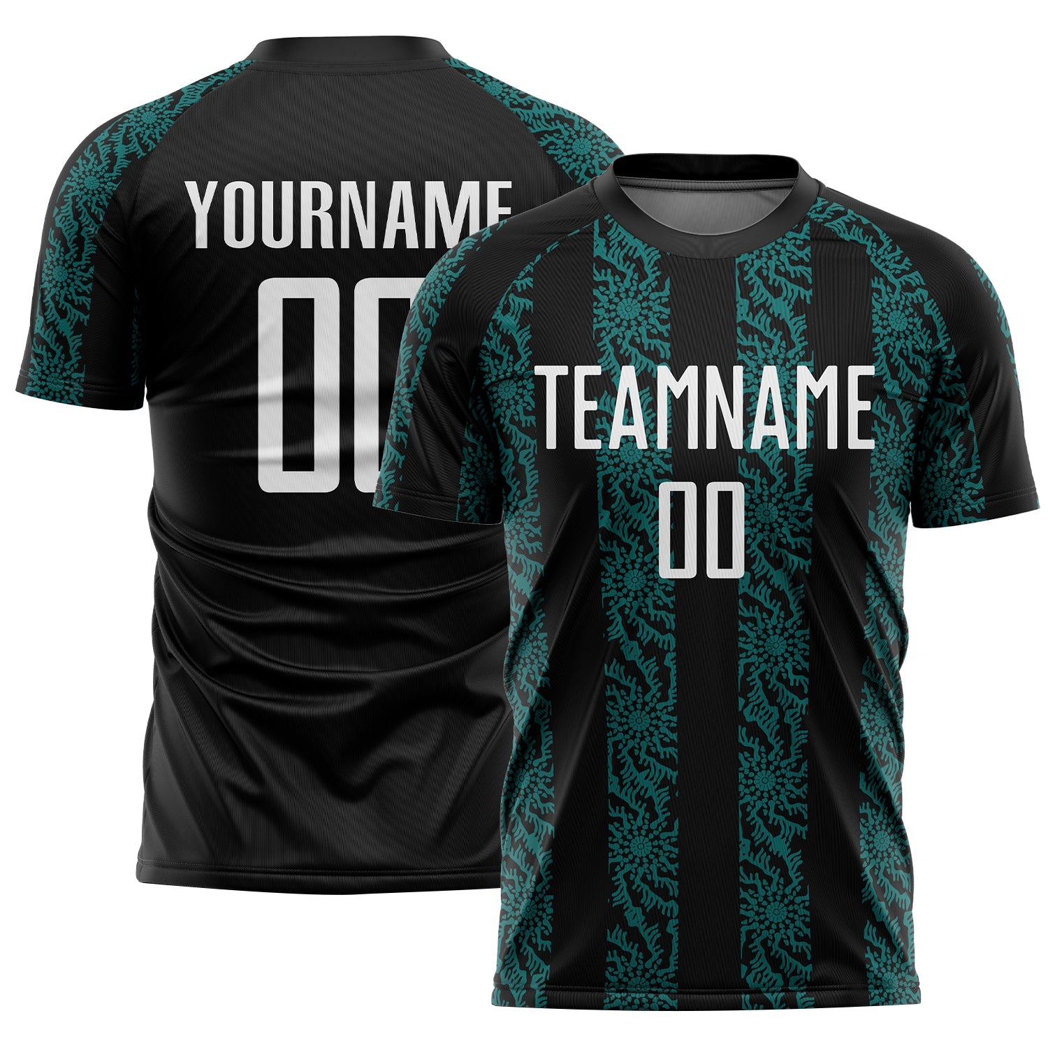 Custom Black White-Teal Abstract Shape Sublimation Soccer Uniform Jersey - Main View