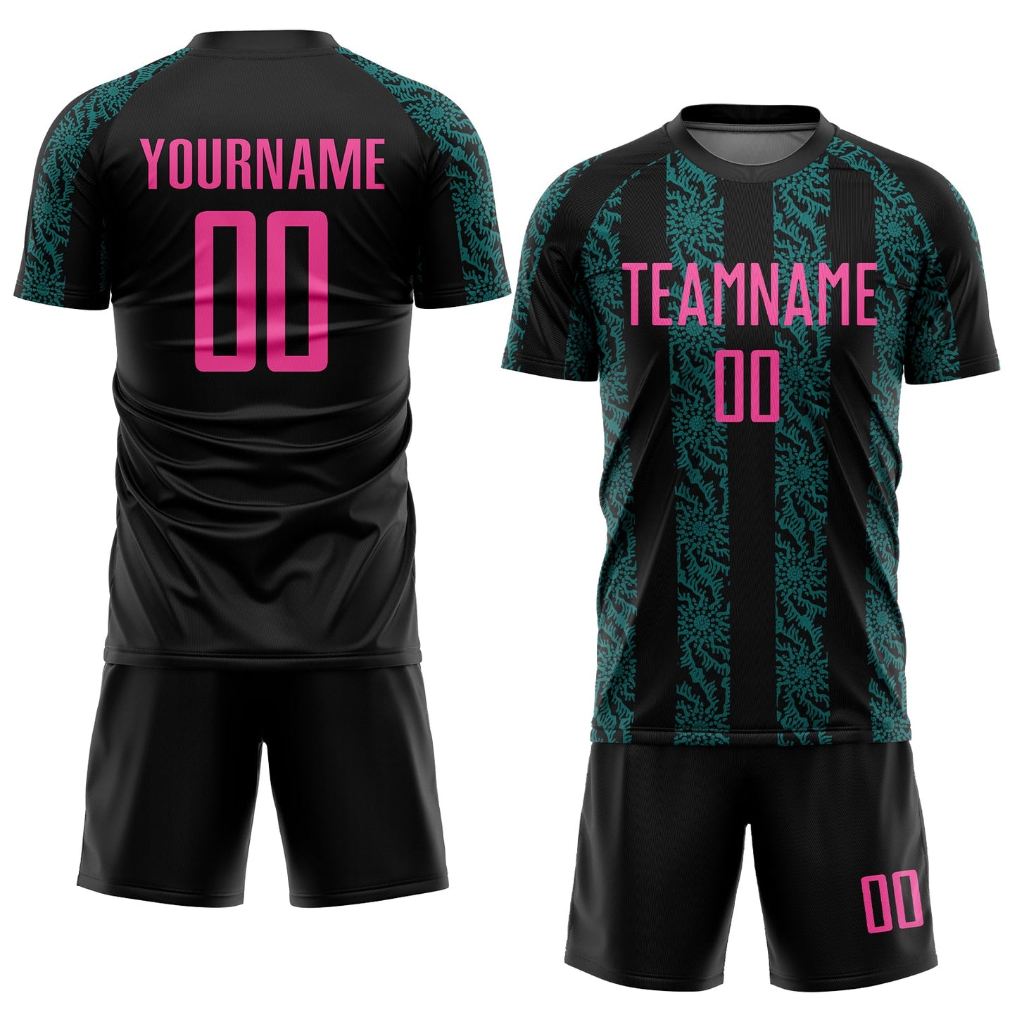 Custom Black Pink-Teal Abstract Shape Sublimation Soccer Uniform Jersey view 2