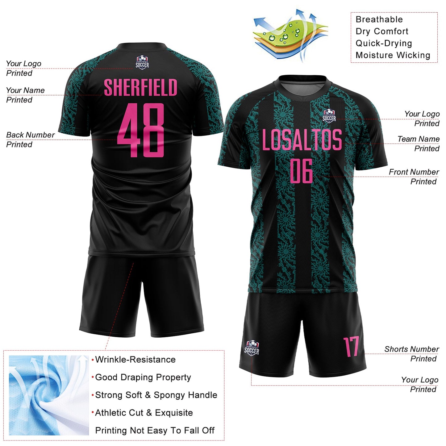 Custom Black Pink-Teal Abstract Shape Sublimation Soccer Uniform Jersey view 4