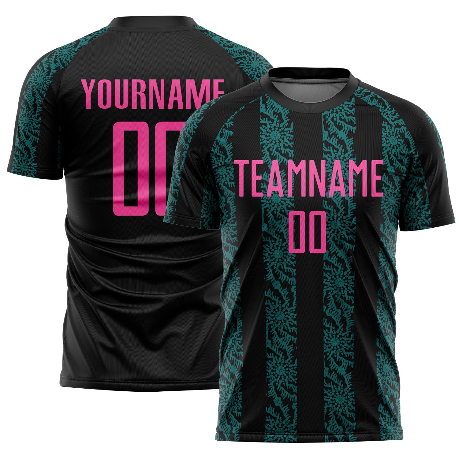 Custom Black Pink-Teal Abstract Shape Sublimation Soccer Uniform Jersey - Main View