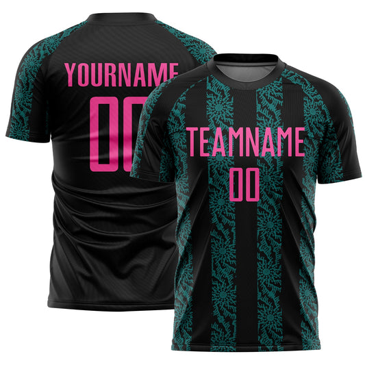 Custom Black Pink-Teal Abstract Shape Sublimation Soccer Uniform Jersey - Main View