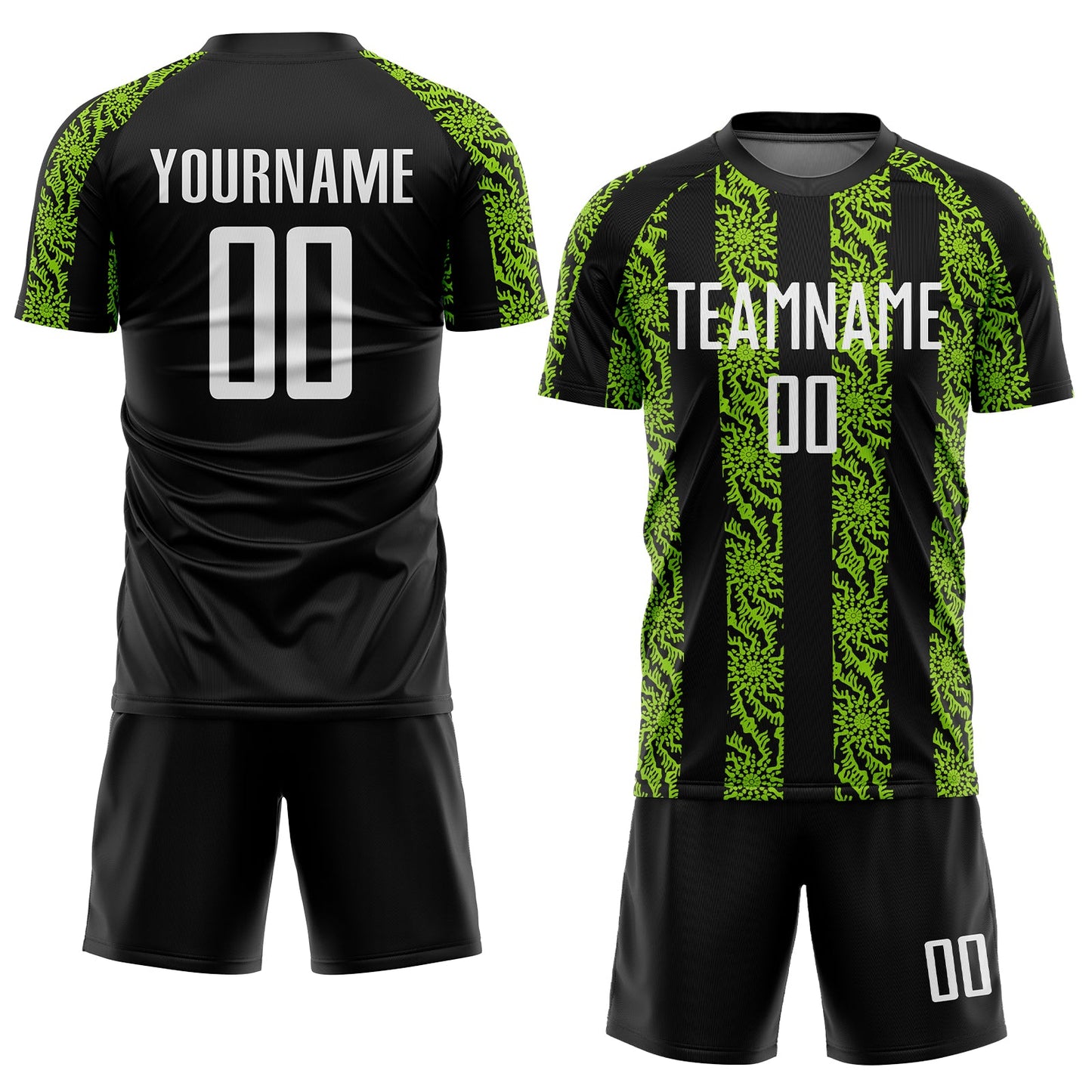 Custom Black White-Neon Green Abstract Shape Sublimation Soccer Uniform Jersey view 2