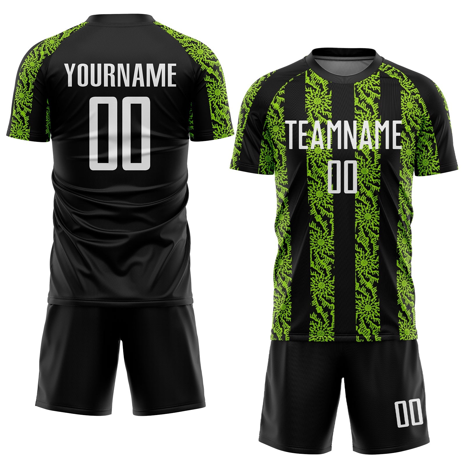 Custom Black White-Neon Green Abstract Shape Sublimation Soccer Uniform Jersey view 2