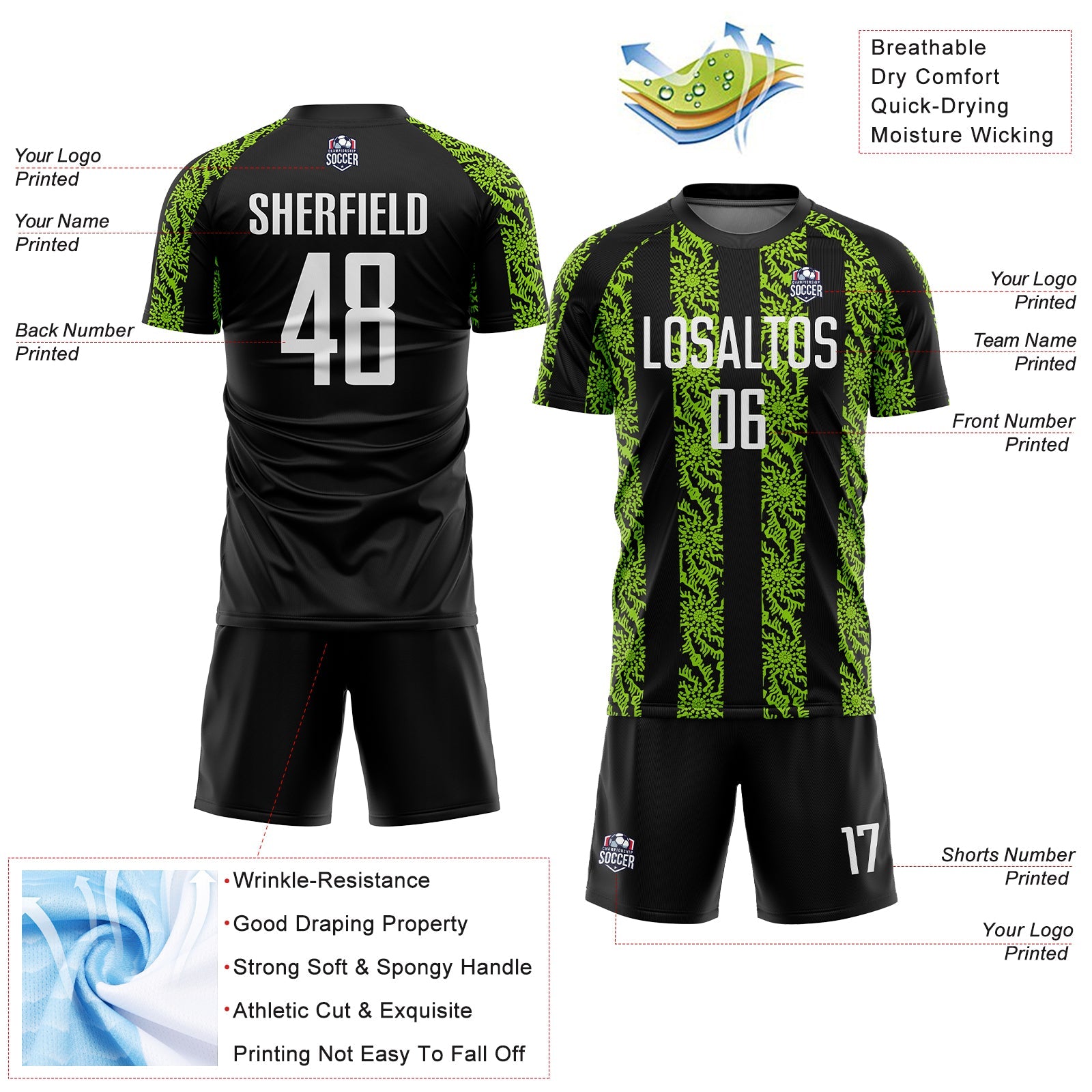 Custom Black White-Neon Green Abstract Shape Sublimation Soccer Uniform Jersey view 4