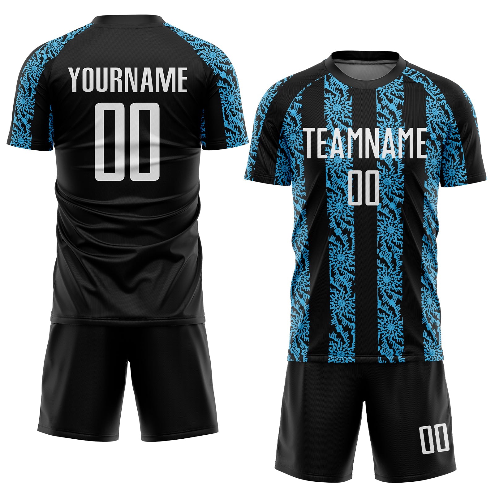 Custom Black White-Sky Blue Abstract Shape Sublimation Soccer Uniform Jersey view 2