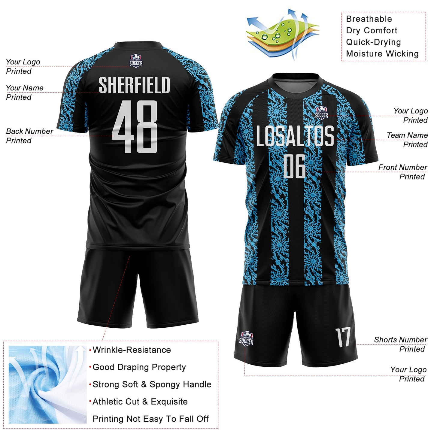 Custom Black White-Sky Blue Abstract Shape Sublimation Soccer Uniform Jersey view 4