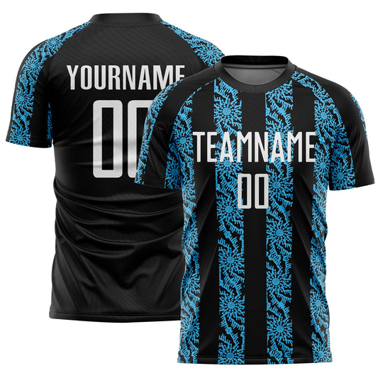 Custom Black White-Sky Blue Abstract Shape Sublimation Soccer Uniform Jersey - Main View