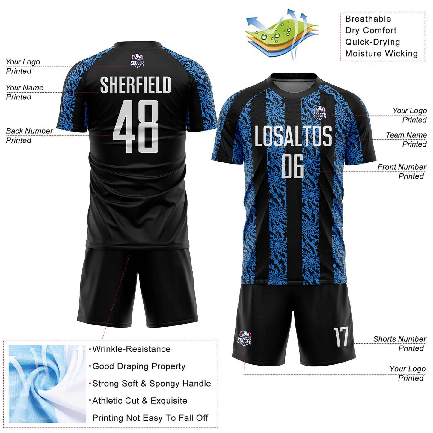 Custom Black White-Powder Blue Abstract Shape Sublimation Soccer Uniform Jersey view 4