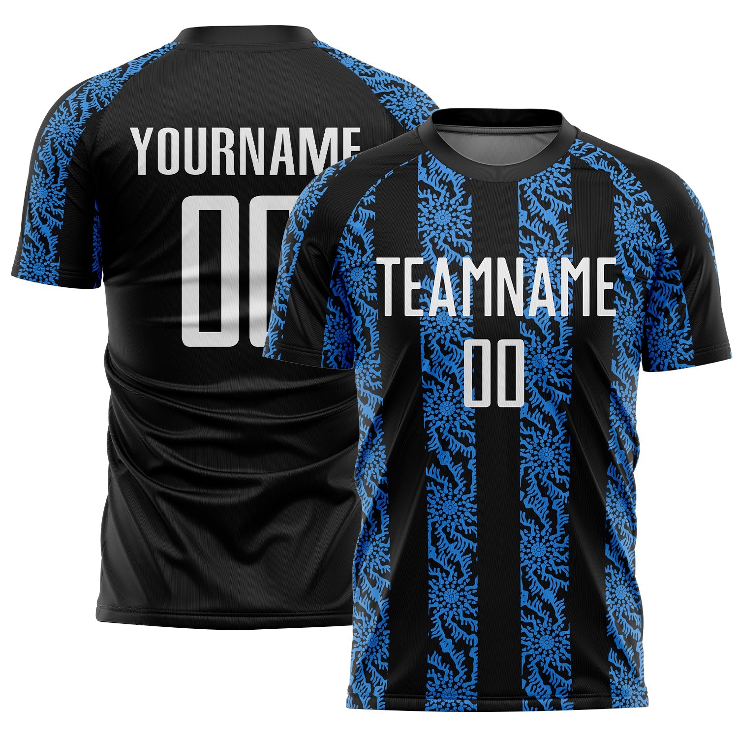 Custom Black White-Powder Blue Abstract Shape Sublimation Soccer Uniform Jersey - Main View