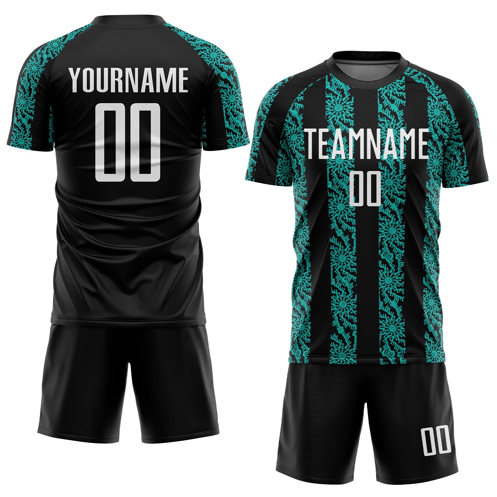 Custom Black White-Aqua Abstract Shape Sublimation Soccer Uniform Jersey view 2