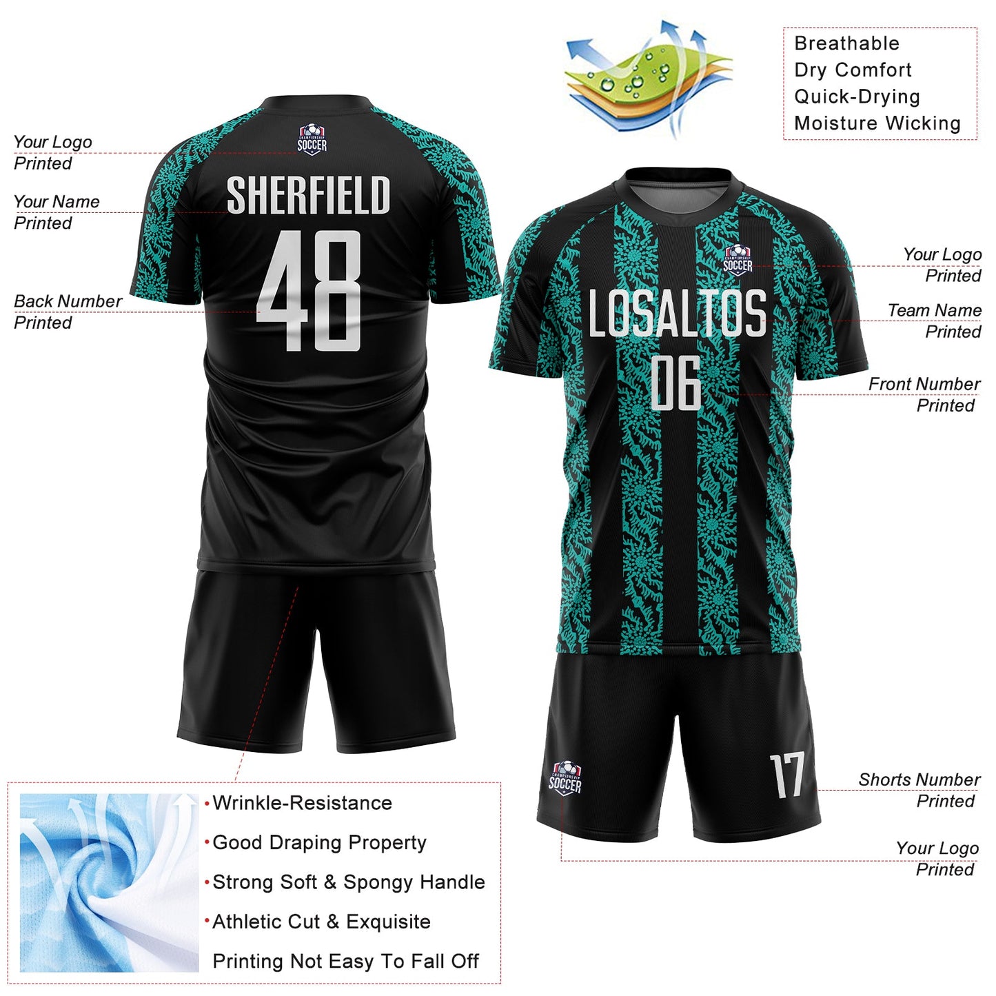 Custom Black White-Aqua Abstract Shape Sublimation Soccer Uniform Jersey view 4