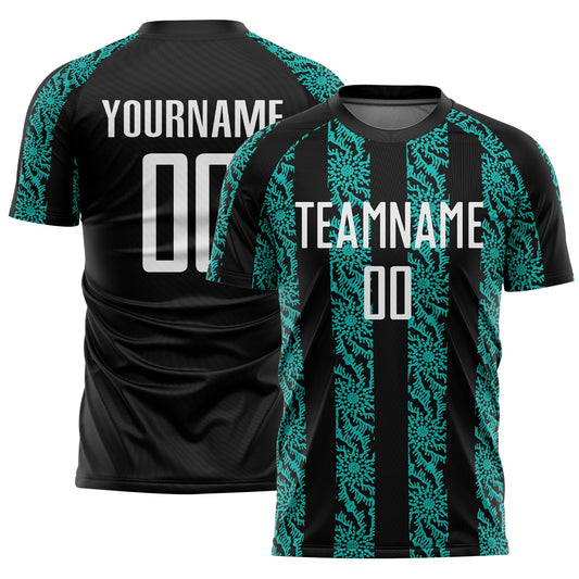 Custom Black White-Aqua Abstract Shape Sublimation Soccer Uniform Jersey - Main View