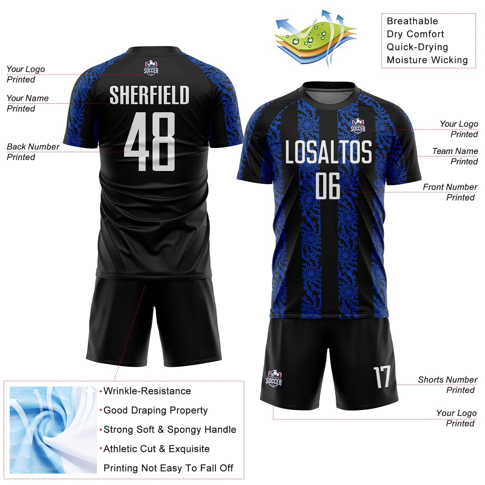 Custom Black White-Thunder Blue Abstract Shape Sublimation Soccer Uniform Jersey view 4