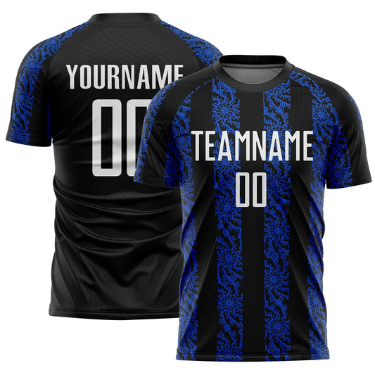 Custom Black White-Thunder Blue Abstract Shape Sublimation Soccer Uniform Jersey - Main View