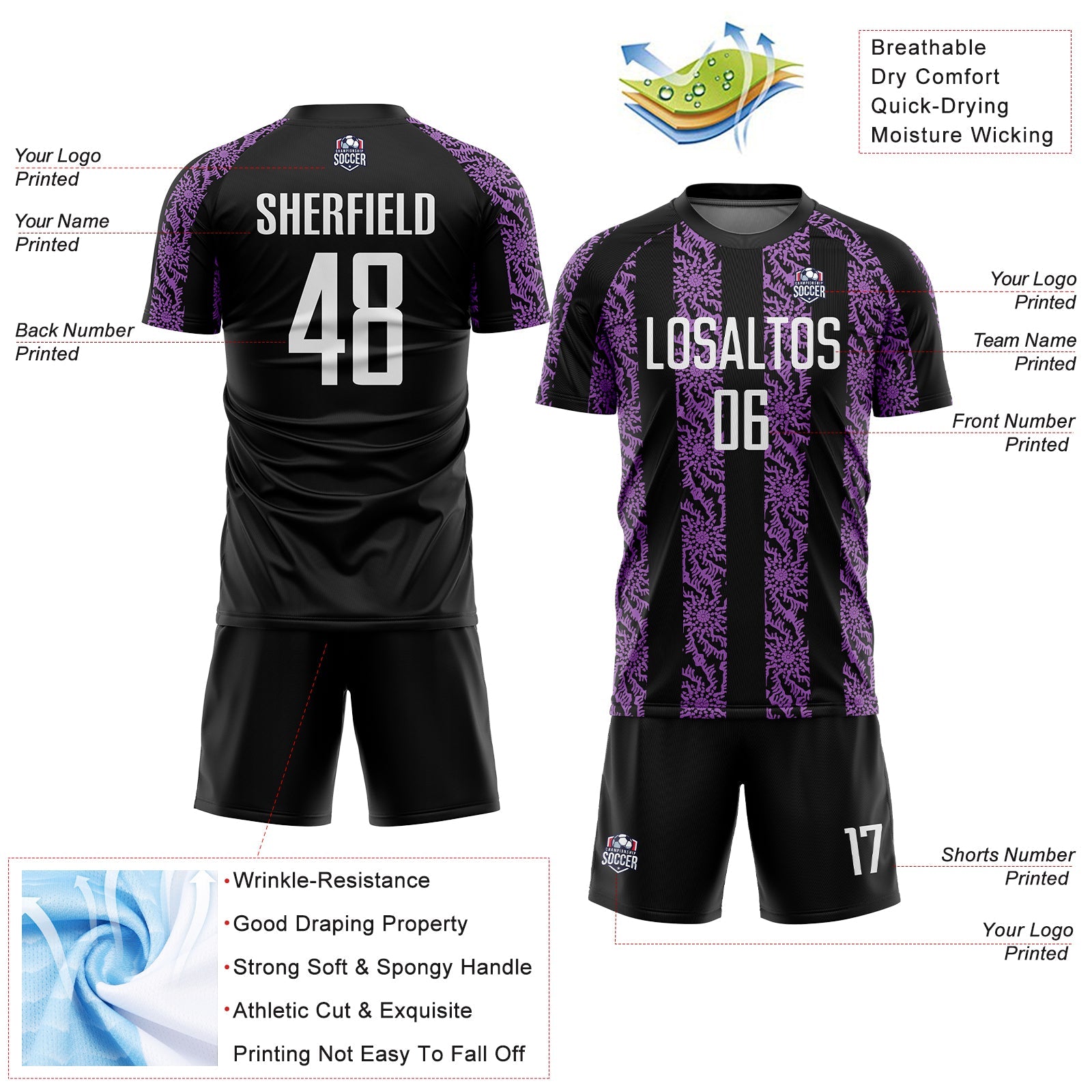 Custom Black White-Medium Purple Abstract Shape Sublimation Soccer Uniform Jersey view 4