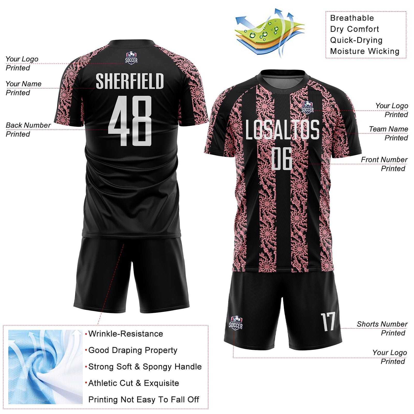 Custom Black White-Medium Pink Abstract Shape Sublimation Soccer Uniform Jersey view 4