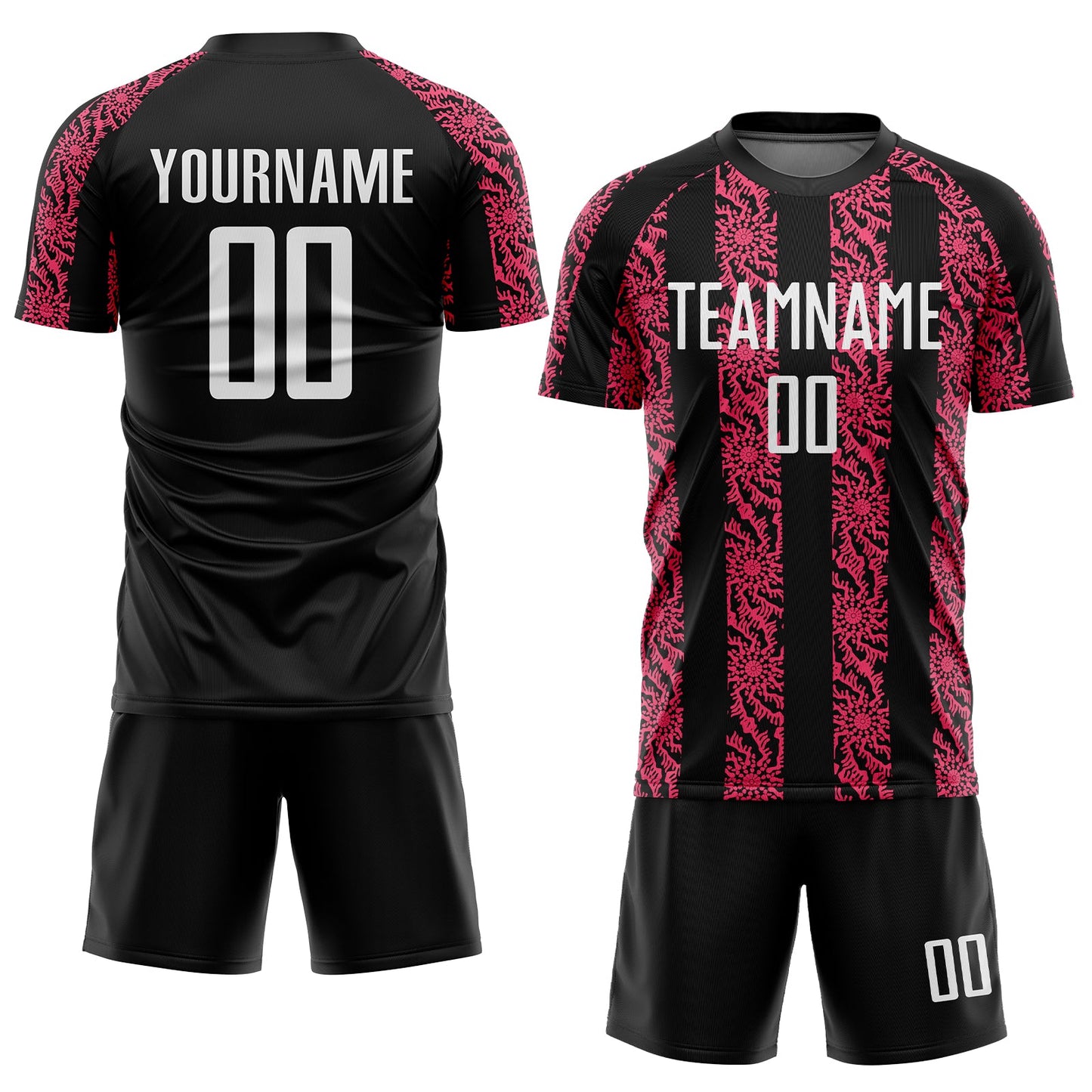 Custom Black White-Neon Pink Abstract Shape Sublimation Soccer Uniform Jersey view 2