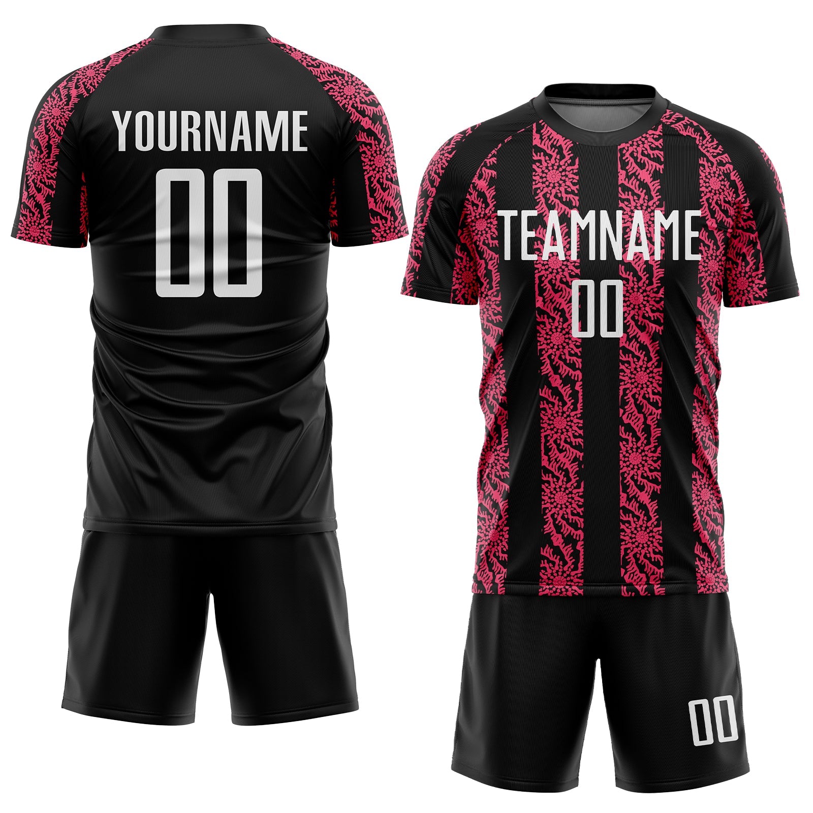 Custom Black White-Neon Pink Abstract Shape Sublimation Soccer Uniform Jersey view 2