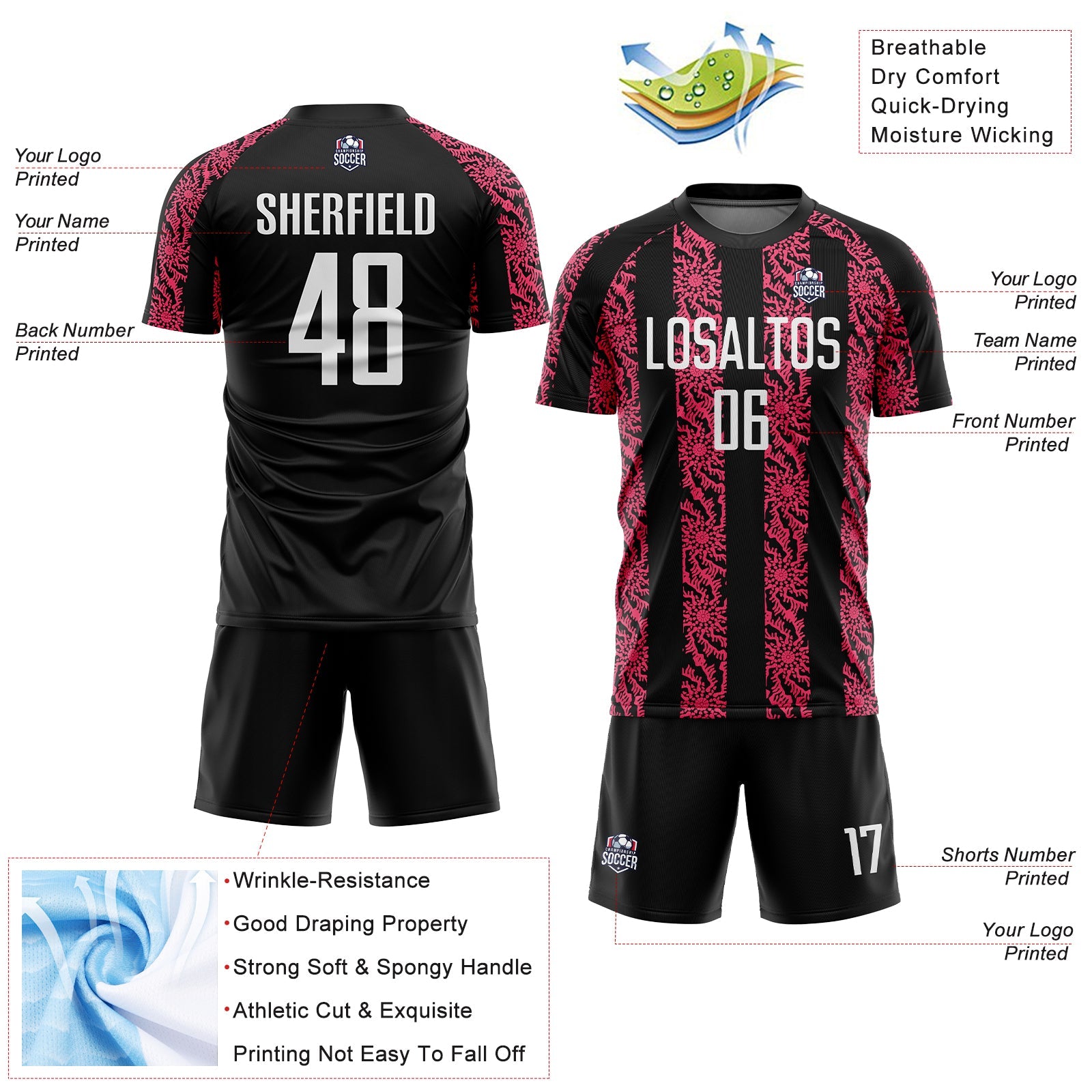Custom Black White-Neon Pink Abstract Shape Sublimation Soccer Uniform Jersey view 4