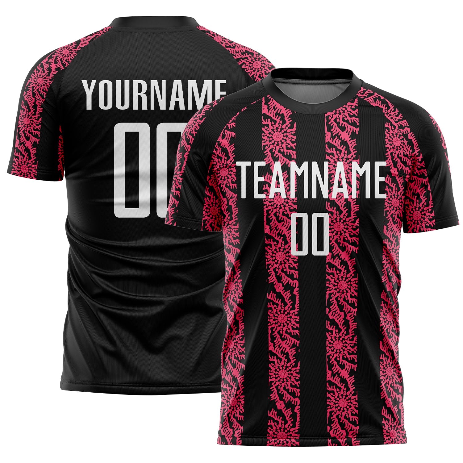 Custom Black White-Neon Pink Abstract Shape Sublimation Soccer Uniform Jersey - Main View