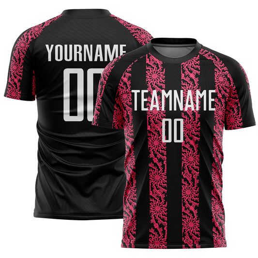 Custom Black White-Neon Pink Abstract Shape Sublimation Soccer Uniform Jersey - Main View