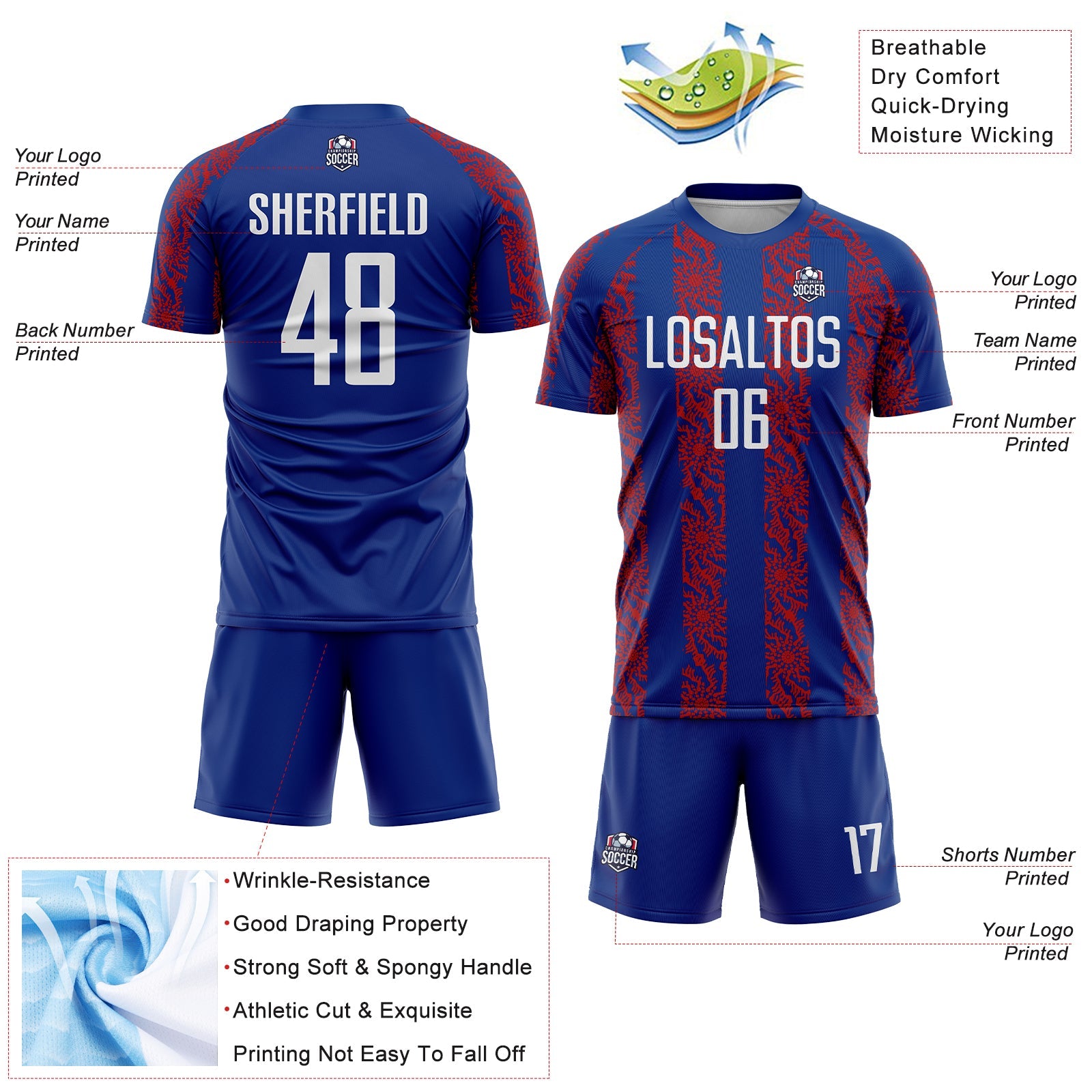 Custom Royal White-Red Abstract Shape Sublimation Soccer Uniform Jersey view 4