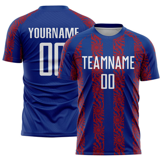 Custom Royal White-Red Abstract Shape Sublimation Soccer Uniform Jersey - Main View