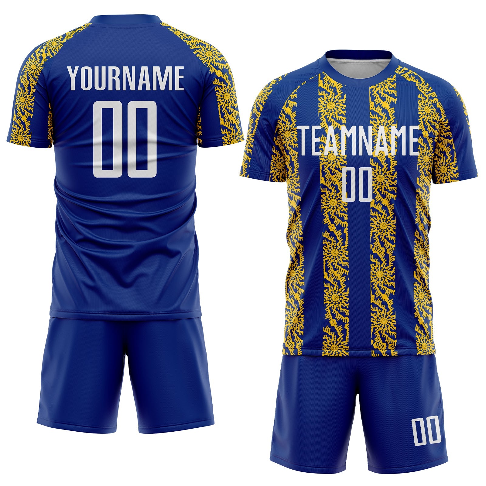 Custom Royal White-Yellow Abstract Shape Sublimation Soccer Uniform Jersey view 2