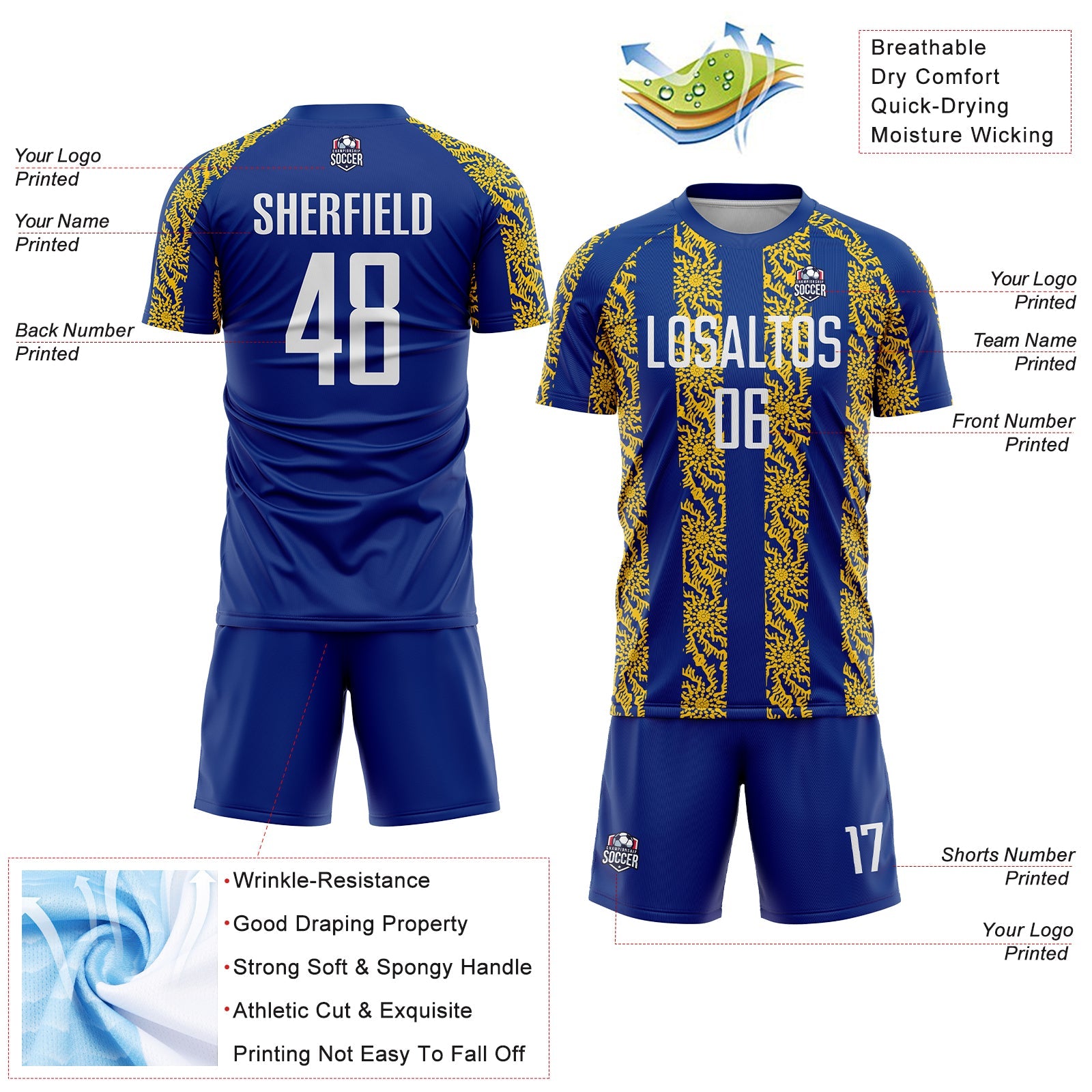 Custom Royal White-Yellow Abstract Shape Sublimation Soccer Uniform Jersey view 4