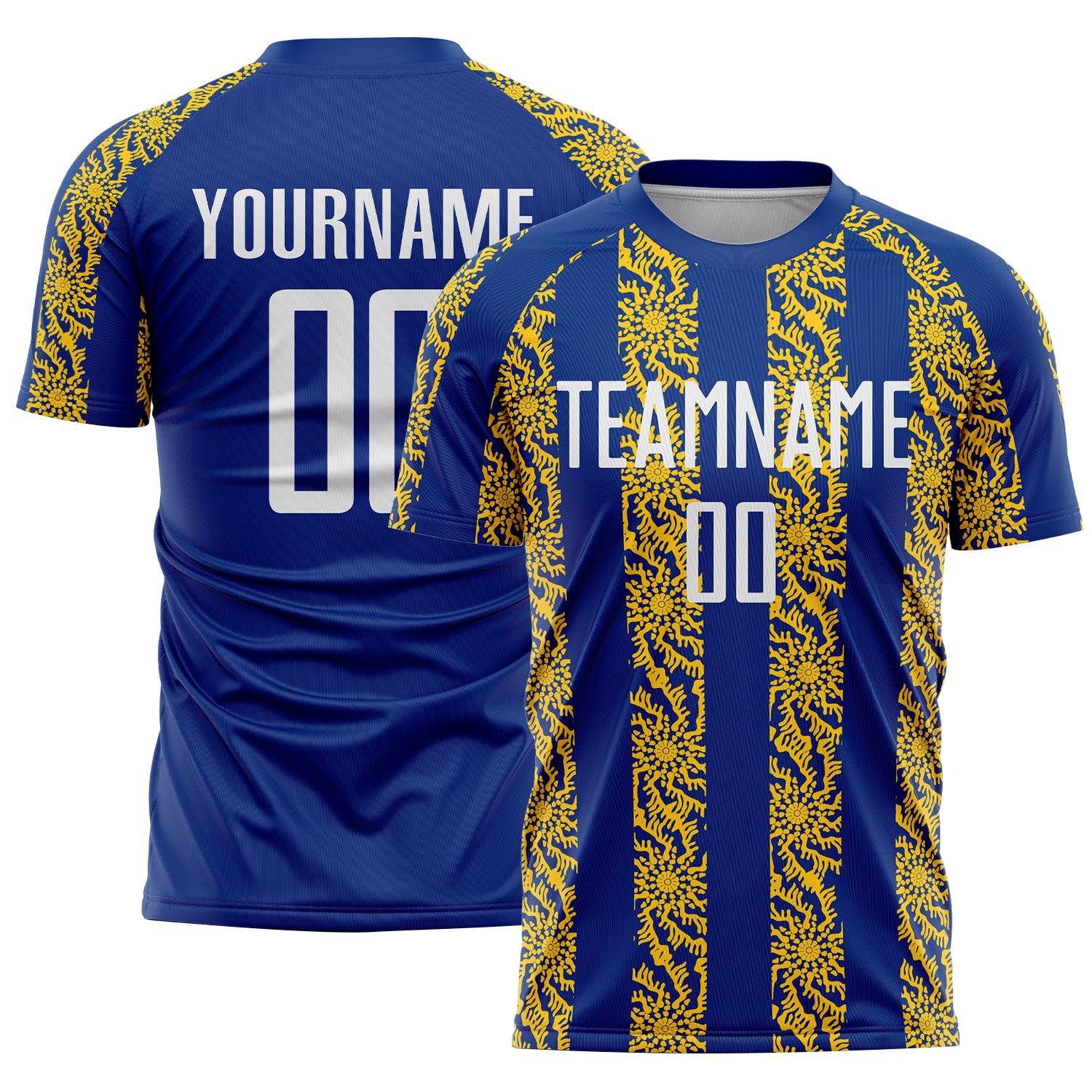 Custom Royal White-Yellow Abstract Shape Sublimation Soccer Uniform Jersey - Main View