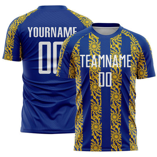 Custom Royal White-Yellow Abstract Shape Sublimation Soccer Uniform Jersey - Main View
