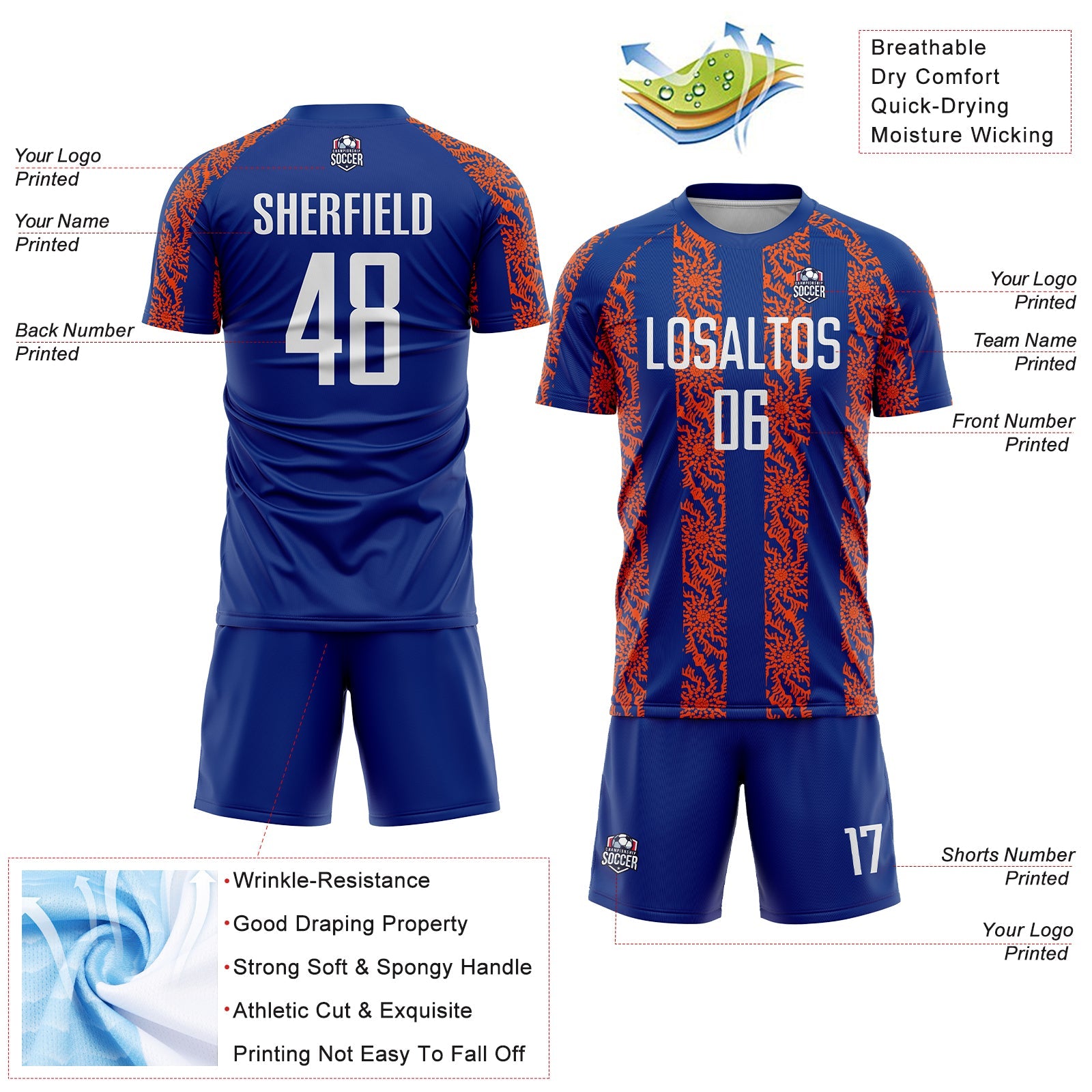 Custom Royal White-Orange Abstract Shape Sublimation Soccer Uniform Jersey view 4