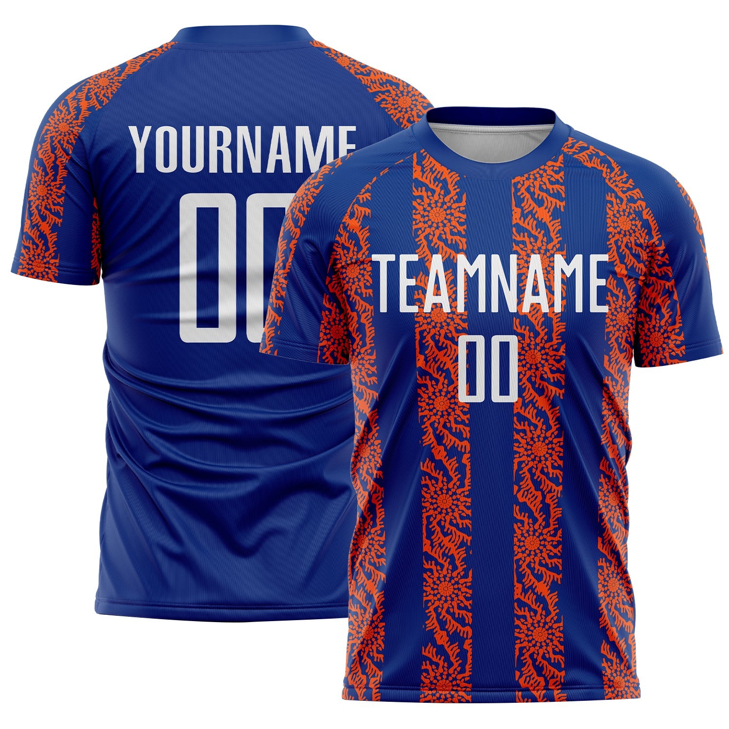 Custom Royal White-Orange Abstract Shape Sublimation Soccer Uniform Jersey - Main View