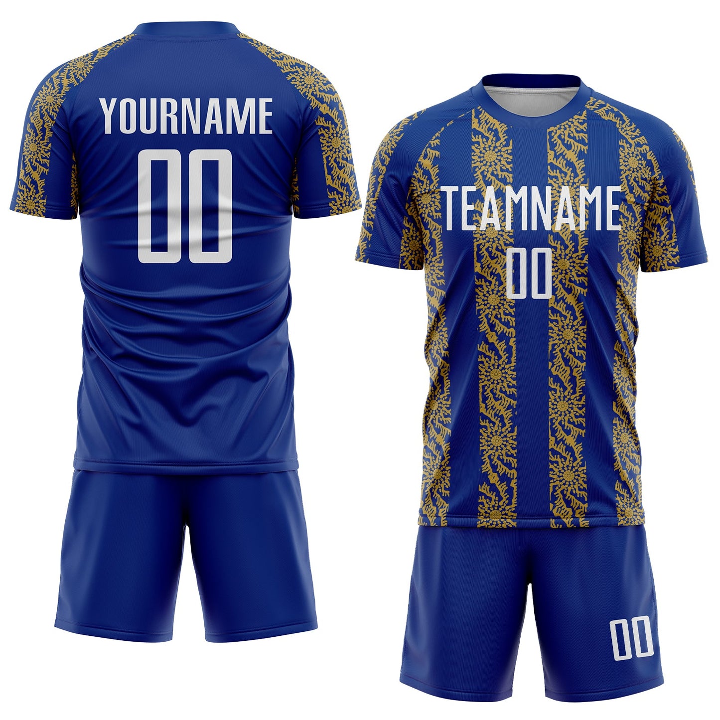 Custom Royal White-Old Gold Abstract Shape Sublimation Soccer Uniform Jersey view 2