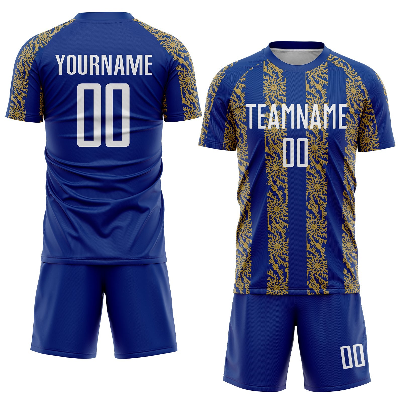 Custom Royal White-Old Gold Abstract Shape Sublimation Soccer Uniform Jersey view 2