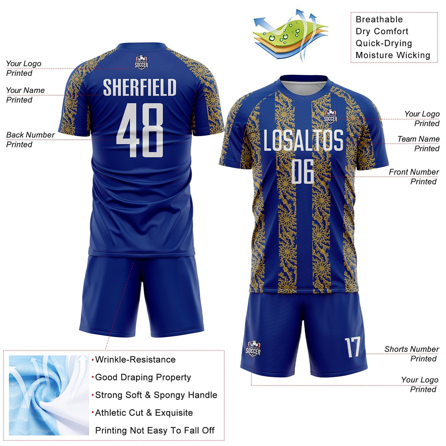 Custom Royal White-Old Gold Abstract Shape Sublimation Soccer Uniform Jersey view 4