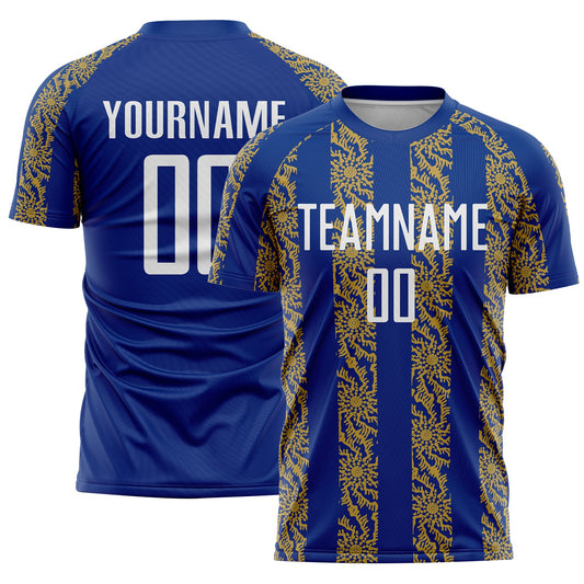Custom Royal White-Old Gold Abstract Shape Sublimation Soccer Uniform Jersey - Main View