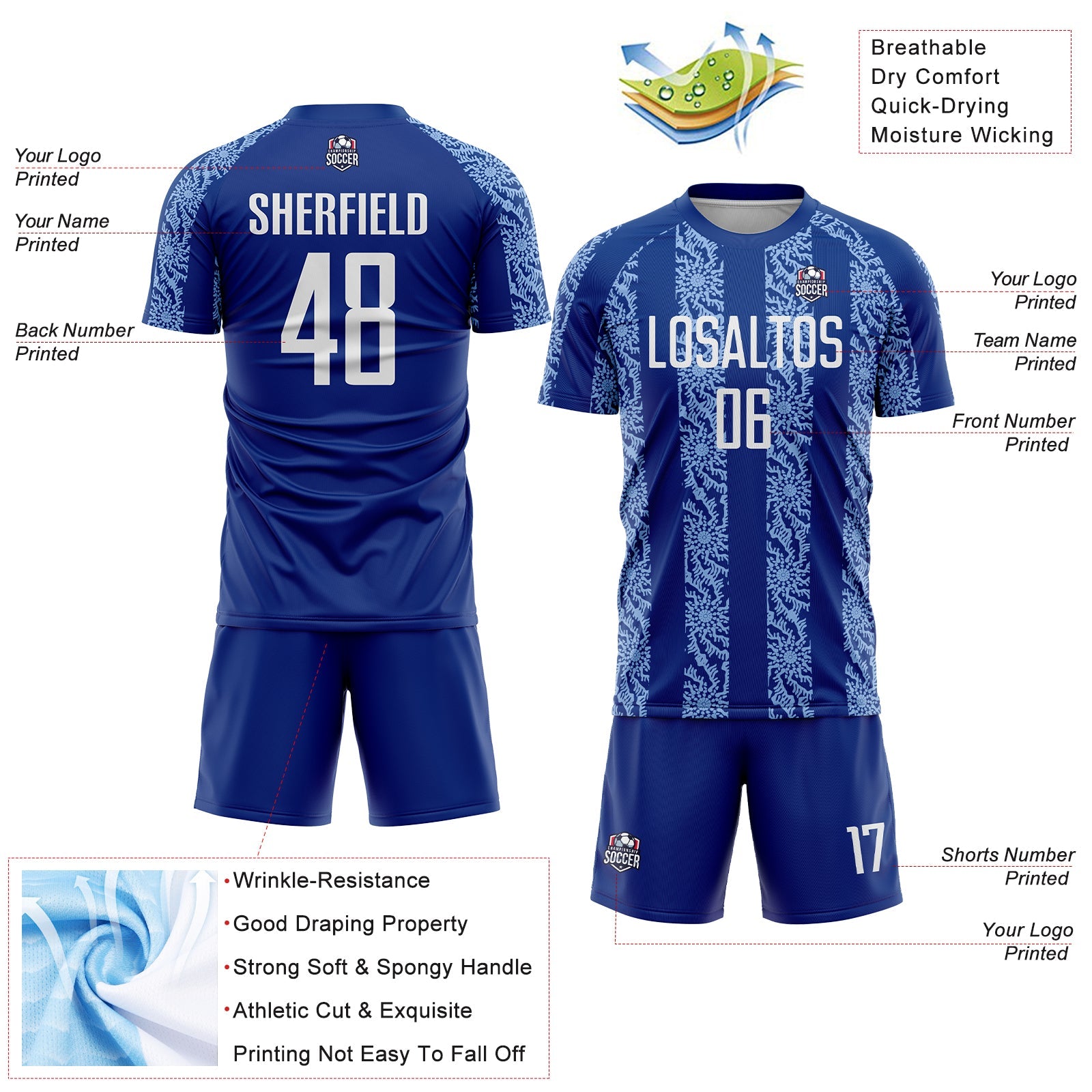 Custom Royal White-Light Blue Abstract Shape Sublimation Soccer Uniform Jersey view 4