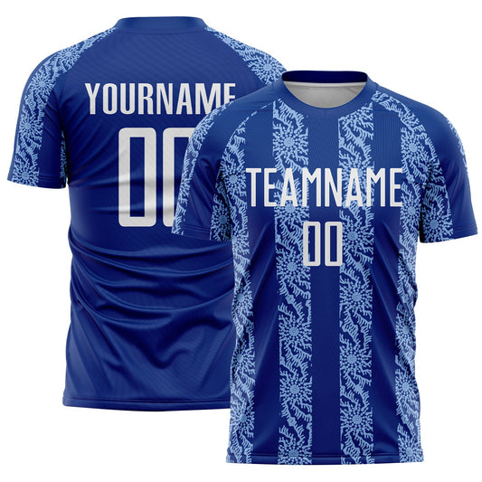 Custom Royal White-Light Blue Abstract Shape Sublimation Soccer Uniform Jersey - Main View