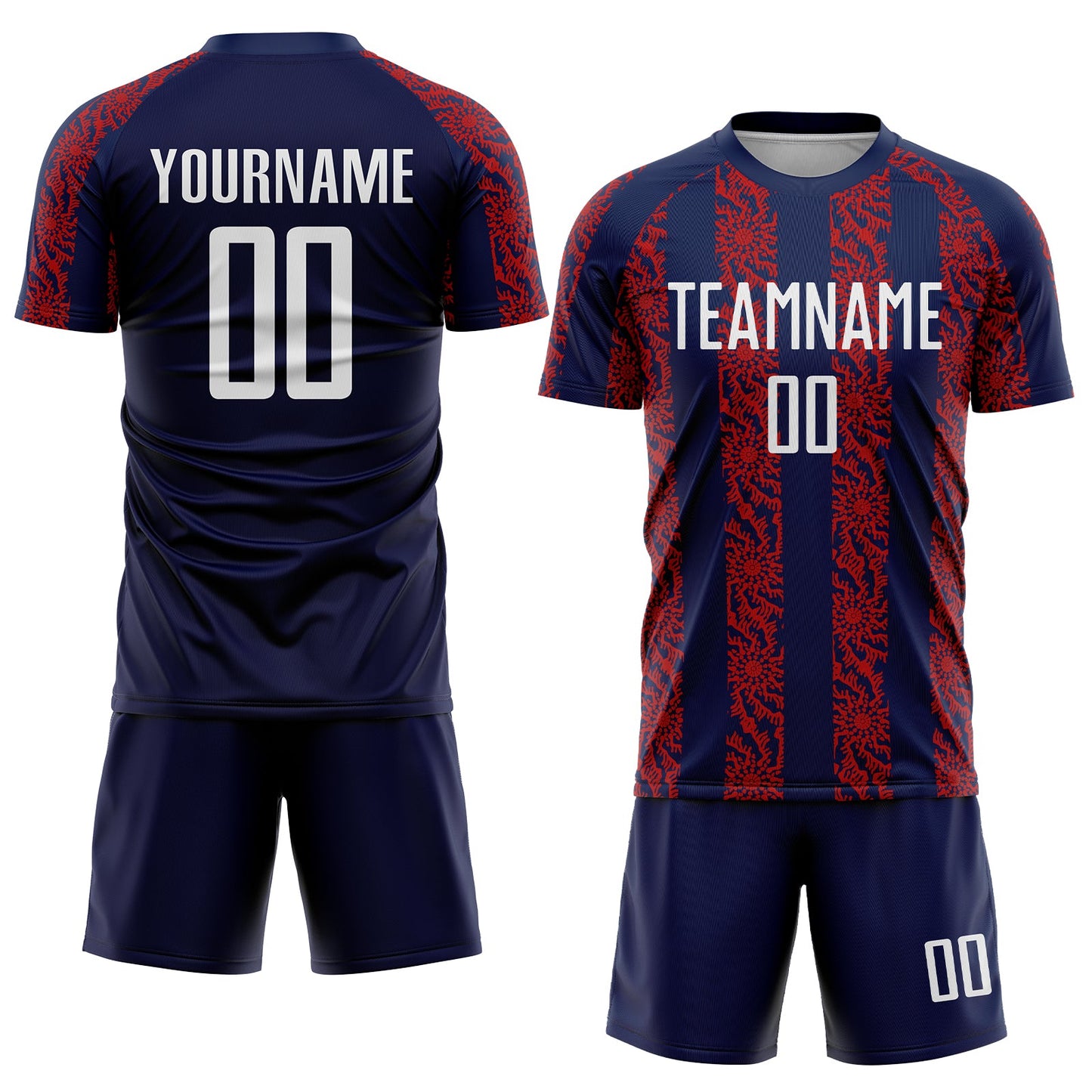 Custom Navy White-Red Abstract Shape Sublimation Soccer Uniform Jersey view 2